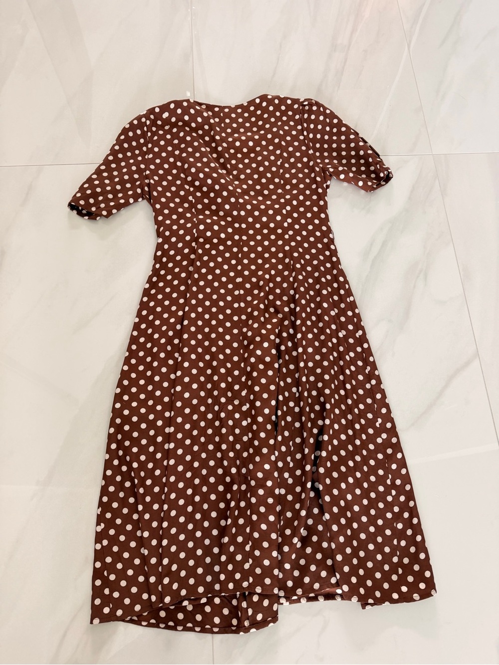 NEVER WORN**LPA Brown and White Polka Dot Wrap Midi Dress - Picture 5 of 13